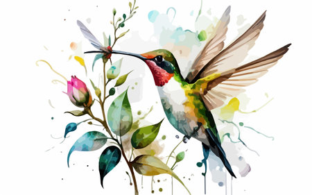 Hummingbird with flower and watercolor splashes. Vector illustration.のイラスト素材