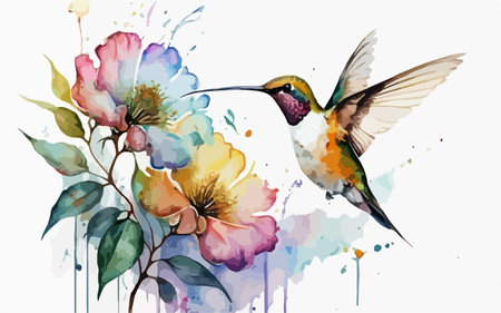 Hummingbird with flowers in watercolor style. Vector illustration.のイラスト素材