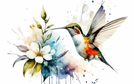 Hummingbird with flowers in watercolor style. Vector illustration.のイラスト素材