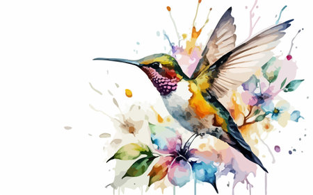 Colorful watercolor painting with hummingbird and flowers. Vector illustration.のイラスト素材