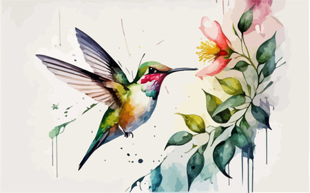 Hummingbird with flowers in watercolor style, vector illustration.のイラスト素材