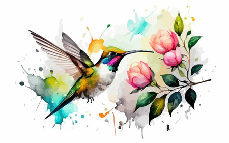 Hummingbird with flowers on watercolor background. Vector illustration.のイラスト素材