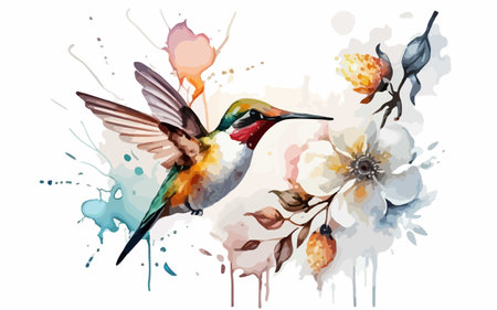 Watercolor hummingbird with flowers on white background. Vector illustration.のイラスト素材