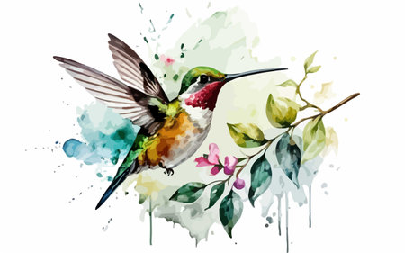 Hummingbird with flowers in watercolor style. Vector illustration.のイラスト素材