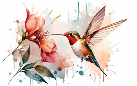 Hummingbird with flowers in watercolor style. Vector illustration.のイラスト素材