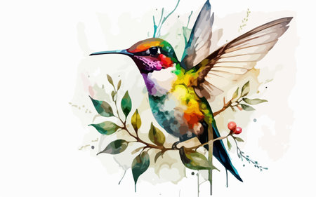Hummingbird with flowers and leaves. Hand drawn watercolor illustrationのイラスト素材