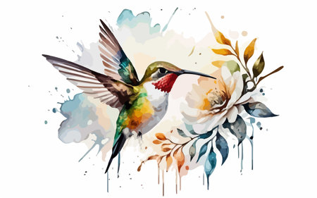 Watercolor illustration of Hummingbird with flowers. Isolated on white background.のイラスト素材