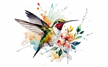 Watercolor hummingbird with flowers and splashes isolated on white backgroundのイラスト素材