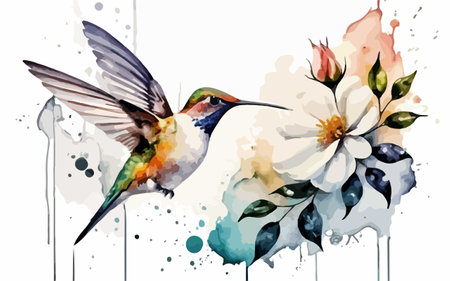 Watercolor painting of a hummingbird with flowers. Vector illustration.のイラスト素材