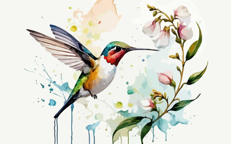 Hummingbird with flowers in watercolor style. Vector illustration.のイラスト素材