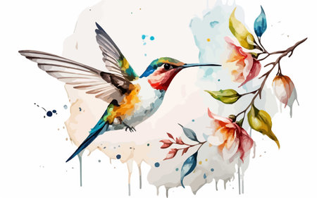 Hummingbird with flowers. Watercolor painting. Vector illustration.のイラスト素材