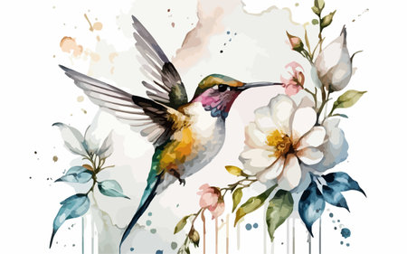 Hummingbird and flowers. Watercolor illustration. Isolated on white background.のイラスト素材