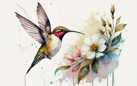 Watercolor painting of a Hummingbird with flowers on a white backgroundのイラスト素材