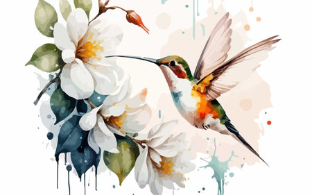 Hummingbird with flowers watercolor painting on white background. Vector illustration.のイラスト素材