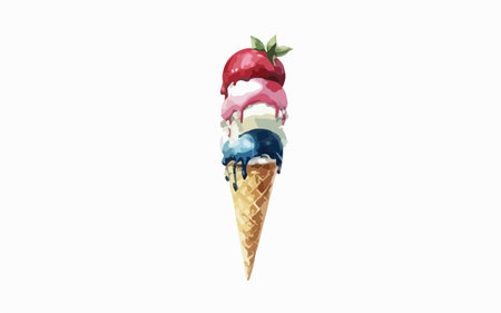 Ice cream in a waffle cone with strawberries and mint. Vector illustrationのイラスト素材