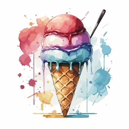 Ice cream in a waffle cone with watercolor splashes. Vector illustration.のイラスト素材