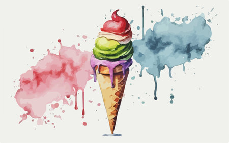 Ice cream cone with colorful ice cream and watercolor splashes.のイラスト素材
