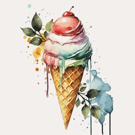 Ice cream in waffle cone with watercolor splashes, vector illustrationのイラスト素材