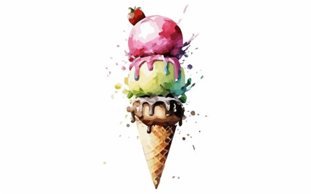 Watercolor illustration of ice cream in waffle cone with splashesのイラスト素材
