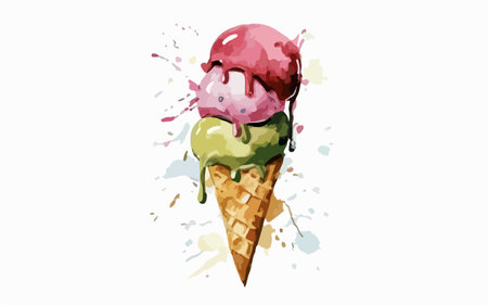 Ice cream in a waffle cone with pink and green splashes.のイラスト素材
