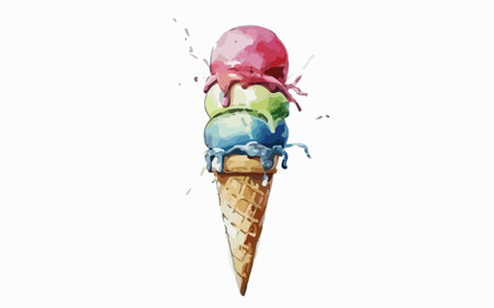 ice cream cone with watercolor splashes isolated on a white backgroundのイラスト素材