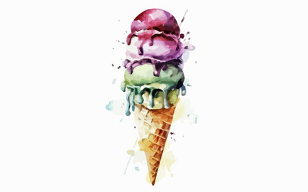 Watercolor illustration of ice cream in a waffle cone with splashesのイラスト素材
