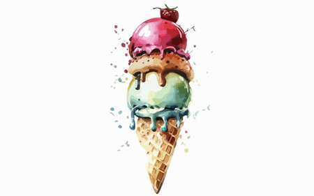 Watercolor ice cream in a waffle cone. Vector illustration.のイラスト素材