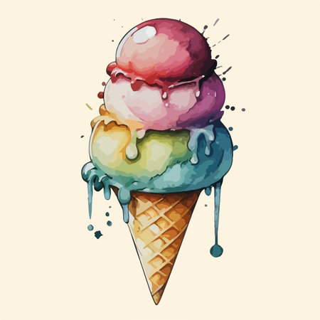 Ice cream in waffle cone. Watercolor hand drawn illustration.のイラスト素材