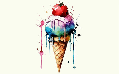 Watercolor ice cream in a waffle cone with splashes. Vector illustration.のイラスト素材