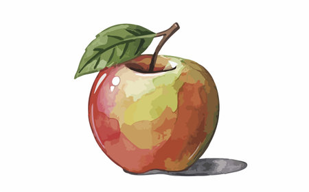 Illustration of a red apple with green leaves on a white backgroundのイラスト素材