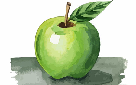 Illustration of a fresh green apple with leaves on a white backgroundのイラスト素材