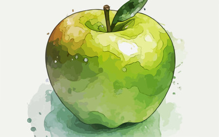 Illustration of a green apple with watercolor splashes on a white backgroundのイラスト素材