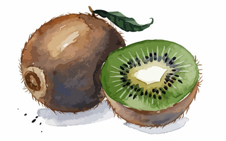 Illustration of a kiwi and a slice on a white backgroundのイラスト素材