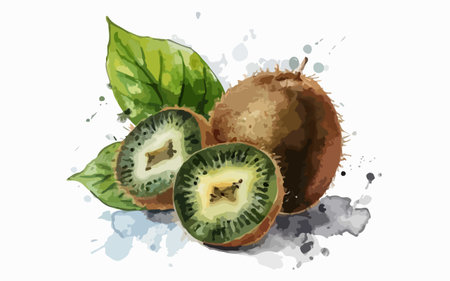Kiwi fruit with leaves and watercolor splashes. Vector illustration.のイラスト素材