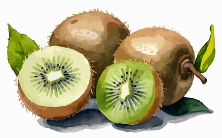 Illustration of kiwi fruits and leaves on a white backgroundのイラスト素材