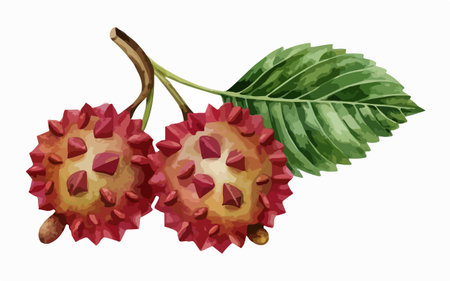 Lychee fruit with leaves. Vector illustration on white background.のイラスト素材