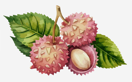 Ripe lychee fruits with leaves. Vector illustration of tropical fruitのイラスト素材