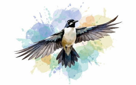 Illustration of a crow in flight on a watercolor background.のイラスト素材