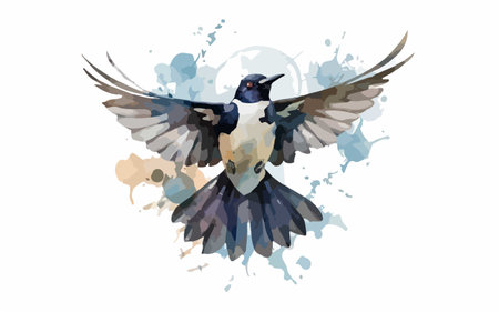 Flying swallow on watercolor splash background. Vector illustration of a bird.のイラスト素材