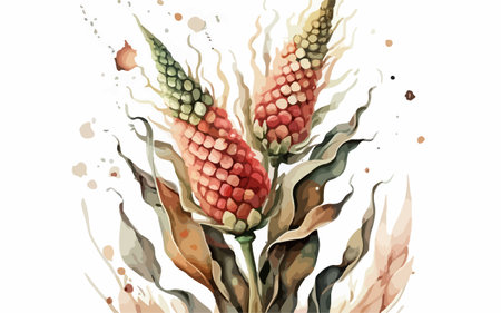 Illustration of corn with watercolor splashes on white background.のイラスト素材