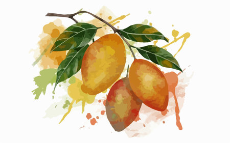 Watercolor illustration of mango fruit on a watercolor splash background.のイラスト素材