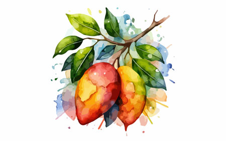 Mango fruit with watercolor splashes on a white background.のイラスト素材