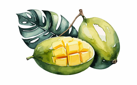 Mango fruit and tropical leaves, watercolor illustration on white backgroundのイラスト素材