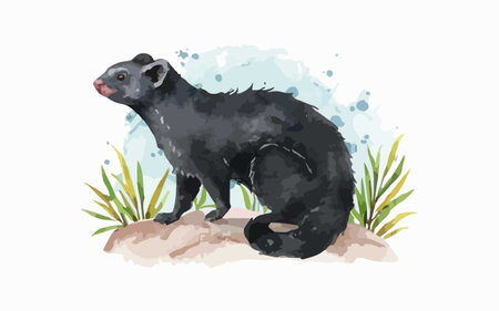 Watercolor illustration of a black marten sitting on the rock.のイラスト素材