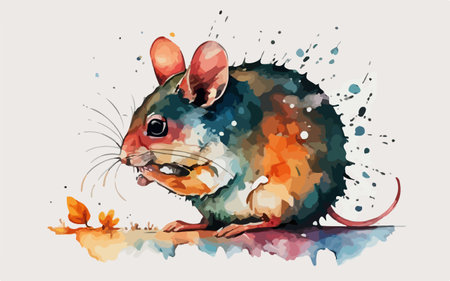 Vector illustration of a mouse on a white background with watercolor splashesのイラスト素材