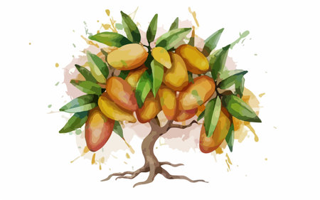 Mango tree with fruits and leaves. Watercolor vector illustration.のイラスト素材