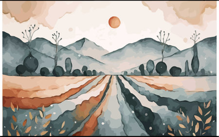Vector illustration of autumn landscape with fields, hills, trees and mountains.のイラスト素材