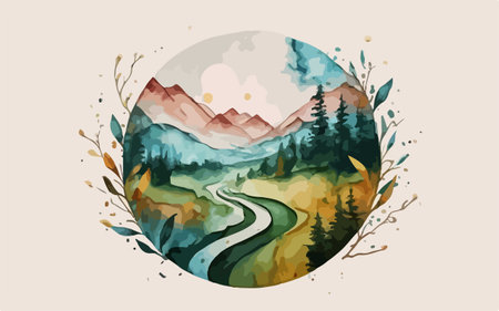 Mountain landscape with forest and river. Hand drawn vector illustration.のイラスト素材
