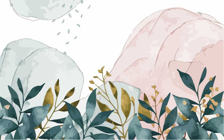 Hand drawn watercolor background with plants, leaves and rocks. Vector illustration.のイラスト素材