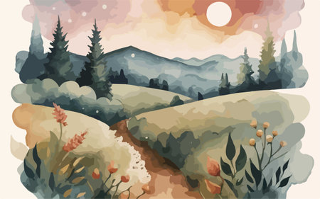 Landscape with mountains, forest and meadow. Vector illustration.のイラスト素材